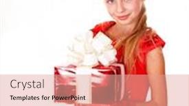  Presentation with christmas girl - Slide deck featuring girl child santa clause in red christmas dress with gift box isolated background and a coral colored foreground