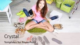  Presentation with swimming beautiful girl swims underwater - Audience pleasing theme consisting of girl chooses shoes in room backdrop and a lemonade colored foreground