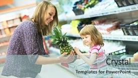  Presentation with fruit and vegetable - Beautiful slides featuring girl choosing apple during shopping backdrop and a light blue colored foreground