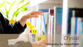  Presentation with books - Slide set having girl-choosing-books-on-shelves background and a coral colored foreground