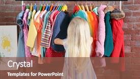  Presentation with clothing wooden clothes hanger object - Beautiful PPT layouts featuring girl choosing clothes in dressing backdrop and a tawny brown colored foreground