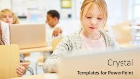  Presentation with class - Presentation theme having girl-concentrates-on-laptop-computer background and a lemonade colored foreground