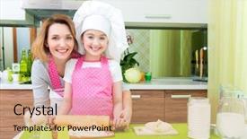  Presentation with displaying a happy mother cudd - Audience pleasing slide deck consisting of girl cooking - attractive happy mother and daughter backdrop and a coral colored foreground