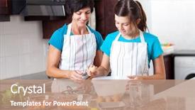  Presentation with teaching strategies - Theme with girl cooking - middle aged mother teaching teen background and a coral colored foreground