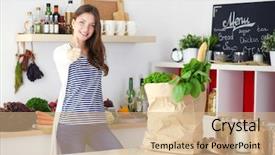  Presentation with grocery bag - Presentation design featuring girl cooking - young woman holding grocery shopping background and a coral colored foreground