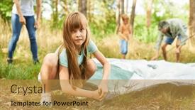  Presentation with tent - Presentation theme with girl-crouching-while-setting-up background and a gold colored foreground