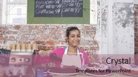  Presentation with displaying - Cool new slide set with girl displaying pastry in shop backdrop and a coral colored foreground