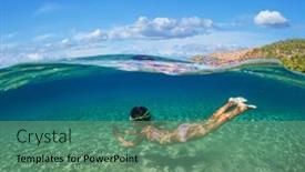  Presentation with sea - PPT theme having girl-diver-is-snorkeling background and a ocean colored foreground