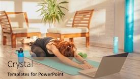  Presentation with computer room - PPT layouts having girl-doing-yoga-training background and a coral colored foreground