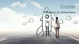  Presentation with rocket - Beautiful PPT theme featuring girl drawing rocket mixed media backdrop and a light blue colored foreground