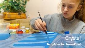  Presentation with blue abstract - PPT theme consisting of girl-draws-blue-gouache-cardboard background and a teal colored foreground