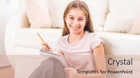  Presentation with smiling little girl - Cool new presentation theme with girl draws pictures in sketchbook backdrop and a lemonade colored foreground