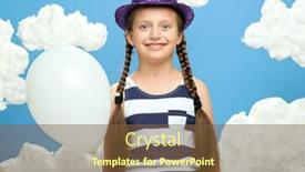 Presentation with summer holiday - Amazing slide set having girl dressed in striped dress and color hat posing on a blue background with cotton clouds white air balloon the concept of summer happiness and holiday backdrop and a tawny brown colored foreground