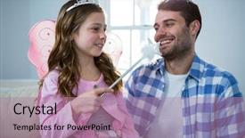  Presentation with fairy - PPT theme with girl dressed up in a fairy costume interacting with father at home background and a coral colored foreground