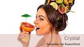  Presentation with fruit cocktail - Presentation design enhanced with girl drinking fruit cocktail on summer party woman with fresh fruits hairstyle and bare back hold halves of grapefruit with cocktail umbrella concept of drink bar on isolated background and a soft green colored foreground