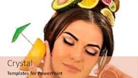  Presentation with fruit cocktail - Slides having girl drinking fruit cocktail on summer party woman with fresh fruits hairstyle and bare back hold halves of grapefruit with cocktail umbrella female enjoys citrus concept of drink bar on isolated background and a gold colored foreground