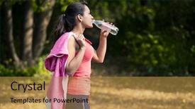  Presentation with eating fish and drink water from pollution oceans - PPT theme having girl drinks water after sport background and a  colored foreground