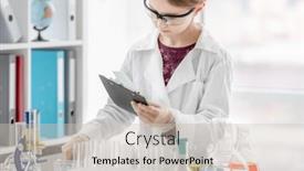  Presentation with table chemistry - Slide set enhanced with girl-during-scientific-chemistry-experiment background and a soft green colored foreground