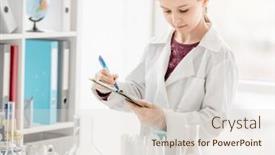  Presentation with table chemistry - Slide deck featuring girl-during-scientific-chemistry-experiment background and a lemonade colored foreground