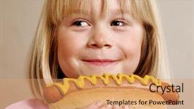  Presentation with eating - PPT theme having girl eating a hot dog background and a coral colored foreground