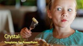  Presentation with restaurant personal appearance - Presentation design featuring girl eating breakfast in restaurant background and a  colored foreground