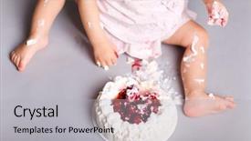  Presentation with first birthday - Slide deck with closeup of little girl eating her first birthday cake background and a light gray colored foreground