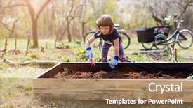  Presentation with urban neighborhood community development - Presentation design with girl enjoy gardening in urban background and a coral colored foreground