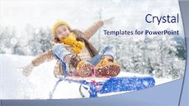  Presentation with winter family - Amazing PPT theme having girl enjoying a sleigh ride backdrop and a sky blue colored foreground