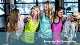  Presentation with gym - Colorful slide set enhanced with girl exercising - fit group posing and smiling backdrop and a teal colored foreground