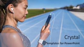  Presentation with music motivation - Amazing theme having girl exercising - running music motivation woman listening backdrop and a light blue colored foreground
