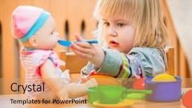  Presentation with doll - Slide set with girl feeding a doll background and a coral colored foreground