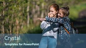  Presentation with points - Presentation theme consisting of girl friend points a finger somewhere two sisters having fun outdoors background and a ocean colored foreground