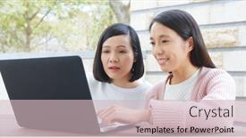  Presentation with ticket - Cool new presentation theme with girl friends check flight air ticket on laptop computer at outdoor backdrop and a soft green colored foreground