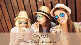  Presentation with friends - PPT layouts having girl friends drinking soda background and a coral colored foreground