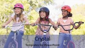  Presentation with outdoors - Beautiful presentation design featuring girl friends outdoors on bicycle backdrop and a ocean colored foreground