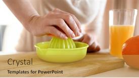  Presentation with fruit drink - Slide set having girl-hand-squeeze-ripe-orange background and a yellow colored foreground