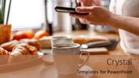  Presentation with cappuccino - Slide set with girl-hand-stirs-coffee-cappuccino background and a coral colored foreground