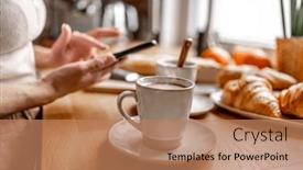 Presentation with cappuccino - Theme consisting of girl-hand-stirs-coffee-cappuccino background and a coral colored foreground