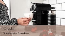  Presentation with beverage - Presentation having girl-hand-with-capsule-coffee background and a coral colored foreground