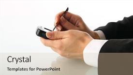  Presentation with communicator - PPT theme enhanced with girl hand work on communicator background and a soft green colored foreground