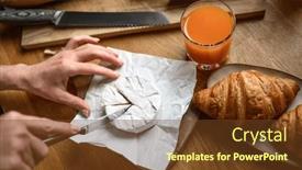 Presentation with french bakery - Slide set having girl-hands-cut-brie background and a tawny brown colored foreground