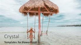  Presentation with paradise island - Colorful PPT theme enhanced with girl hanging on swing on tropical beach on paradise bali island backdrop and a light gray colored foreground