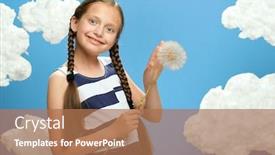  Presentation with summer holiday - PPT theme enhanced with girl has a big dandelion in her hands dressed in striped dress posing on a blue background with cotton clouds the concept of summer holiday and happiness background and a coral colored foreground