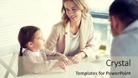  Presentation with communication family - Beautiful slide deck featuring girl having dinner and talking backdrop and a soft green colored foreground