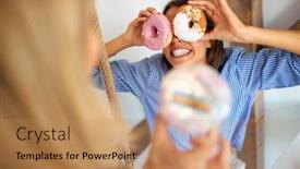  Presentation with sweet pastry - Audience pleasing slide deck consisting of girl-having-fun-using-delicious backdrop and a coral colored foreground