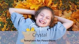  Presentation with bright yellow - Audience pleasing presentation design consisting of girl having holiday in autumn city park lying on grass posing smiling playing and having fun bright yellow trees and leaves backdrop and a light blue colored foreground