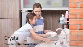  Presentation with helping - Slides having girl helping mother washing dishes background and a coral colored foreground