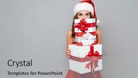  Presentation with girl christmas - Cool new presentation theme with girl hiding behind christmas gifts backdrop and a light gray colored foreground
