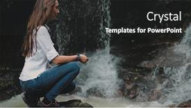  Presentation with forest stream - PPT theme with girl-hiker-crouch-near-tropical background and a dark gray colored foreground