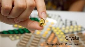  Presentation with hold hand - Audience pleasing theme consisting of girl hold medicine capsule in hand on lot of tablets background backdrop and a coral colored foreground